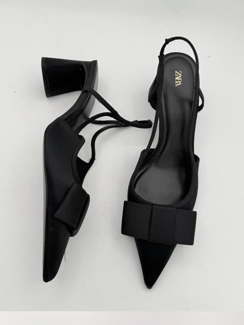 ZARA women's black fabric slingback heels front Bow pointed toe Shoes SZ 11/ 42